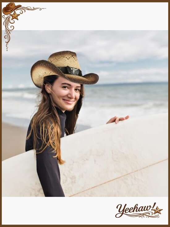 Straw Cowboy Hat with 3 Decorative Bands, One Size Fits Most Adults